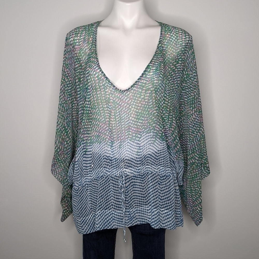 ✨3/$15 Cabi blue green pink sheer v neck drawstring waist blouse M